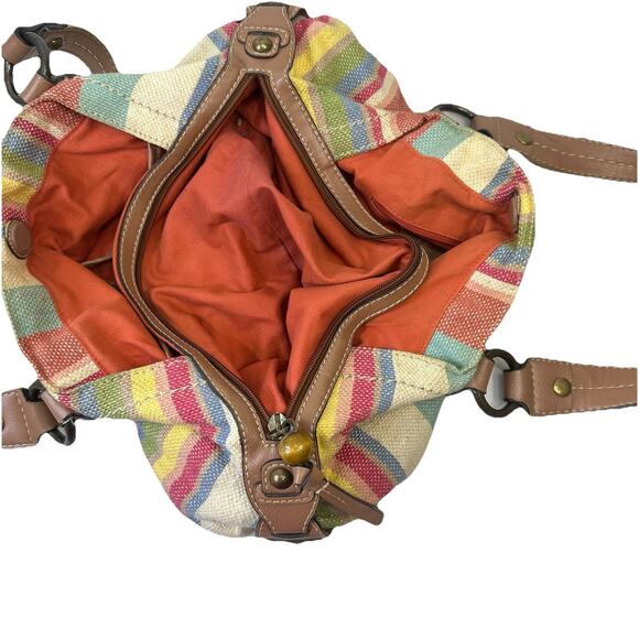 Fossil Beachy Striped Faux Leather Canvas Bag Zipper Dual Handle Pockets Boho - Picture 4 of 16